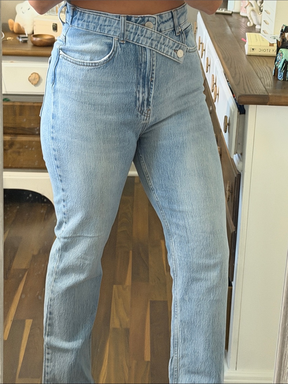 Cross Over High Waist Straight Leg Women's Jeans Light Wash